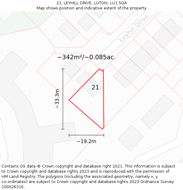 21, LEYHILL DRIVE, LUTON, LU1 5QA: Plot and title map