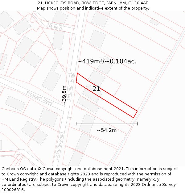 21, LICKFOLDS ROAD, ROWLEDGE, FARNHAM, GU10 4AF: Plot and title map
