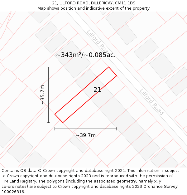 21, LILFORD ROAD, BILLERICAY, CM11 1BS: Plot and title map