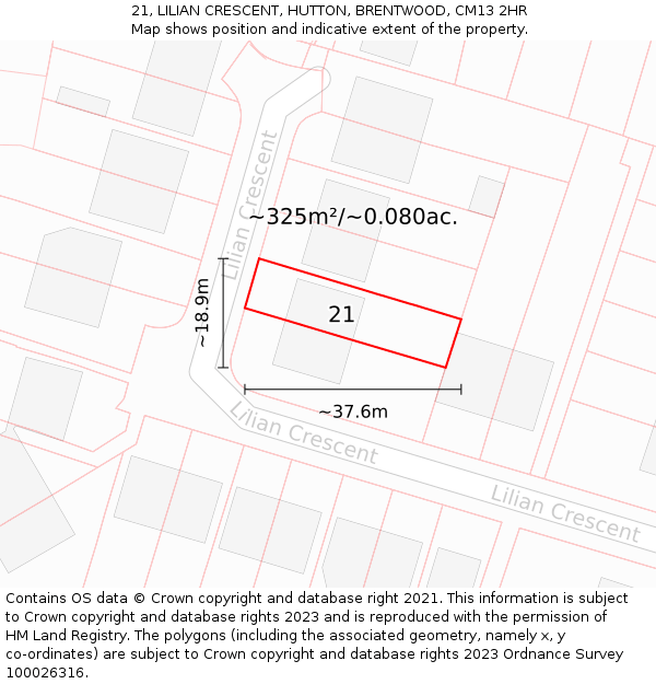 21, LILIAN CRESCENT, HUTTON, BRENTWOOD, CM13 2HR: Plot and title map