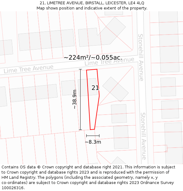 21, LIMETREE AVENUE, BIRSTALL, LEICESTER, LE4 4LQ: Plot and title map