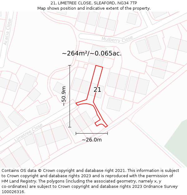 21, LIMETREE CLOSE, SLEAFORD, NG34 7TP: Plot and title map