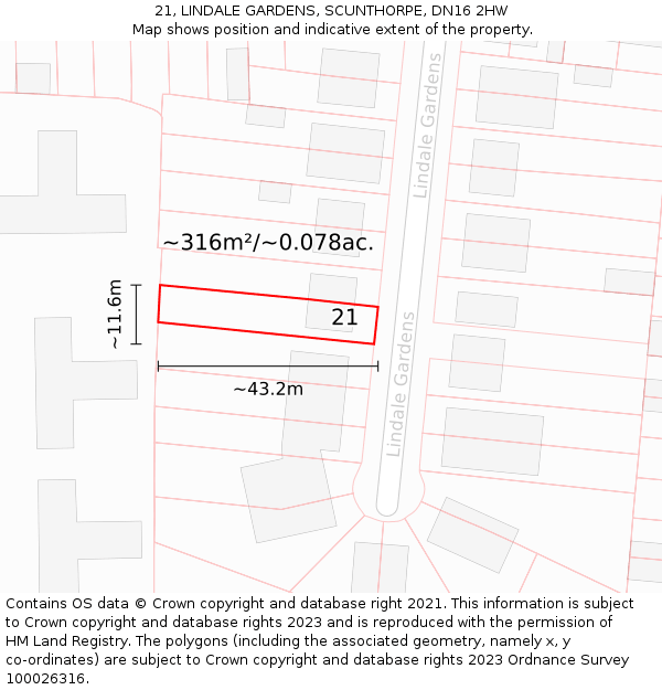 21, LINDALE GARDENS, SCUNTHORPE, DN16 2HW: Plot and title map