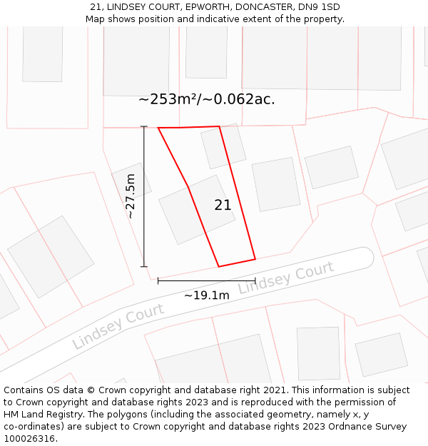 21, LINDSEY COURT, EPWORTH, DONCASTER, DN9 1SD: Plot and title map