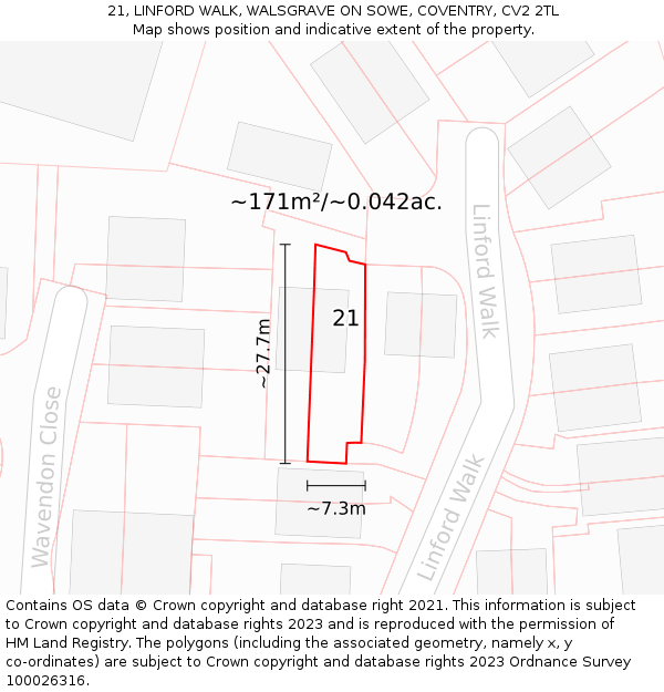 21, LINFORD WALK, WALSGRAVE ON SOWE, COVENTRY, CV2 2TL: Plot and title map