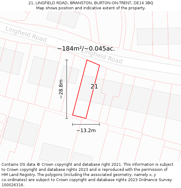 21, LINGFIELD ROAD, BRANSTON, BURTON-ON-TRENT, DE14 3BQ: Plot and title map