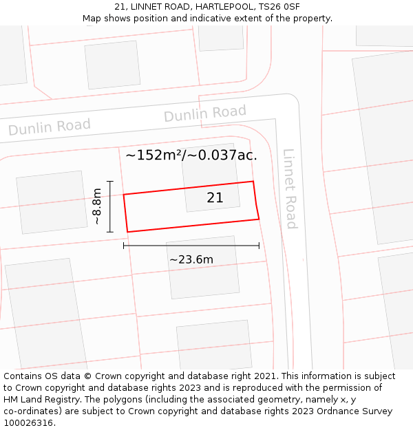 21, LINNET ROAD, HARTLEPOOL, TS26 0SF: Plot and title map