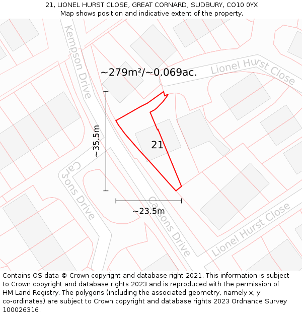 21, LIONEL HURST CLOSE, GREAT CORNARD, SUDBURY, CO10 0YX: Plot and title map