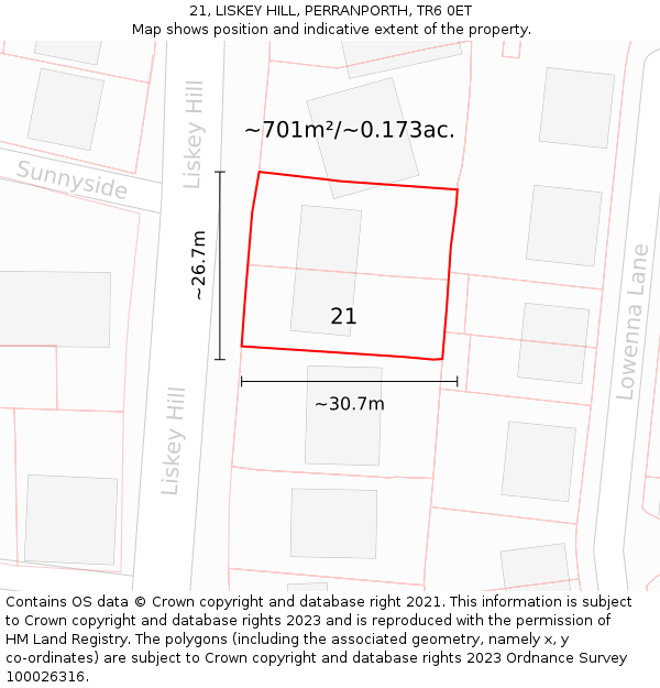 21, LISKEY HILL, PERRANPORTH, TR6 0ET: Plot and title map