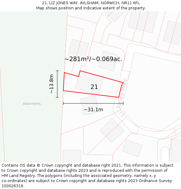 21, LIZ JONES WAY, AYLSHAM, NORWICH, NR11 6FL: Plot and title map