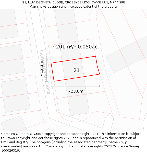 21, LLANDEGVETH CLOSE, CROESYCEILIOG, CWMBRAN, NP44 2PE: Plot and title map