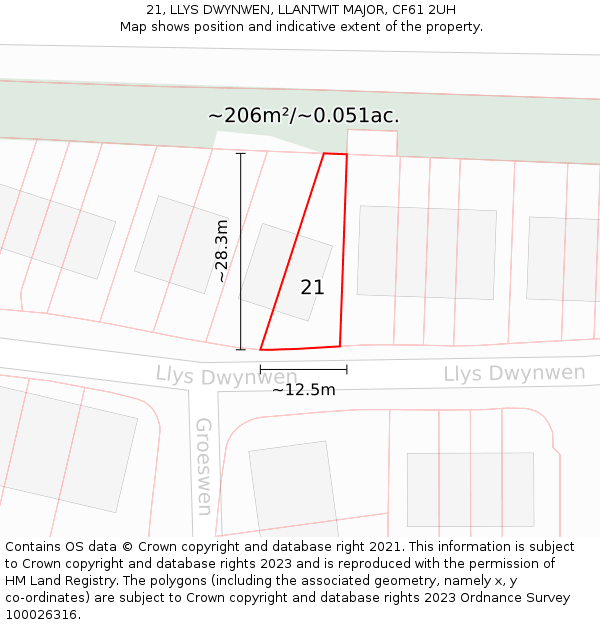 21, LLYS DWYNWEN, LLANTWIT MAJOR, CF61 2UH: Plot and title map