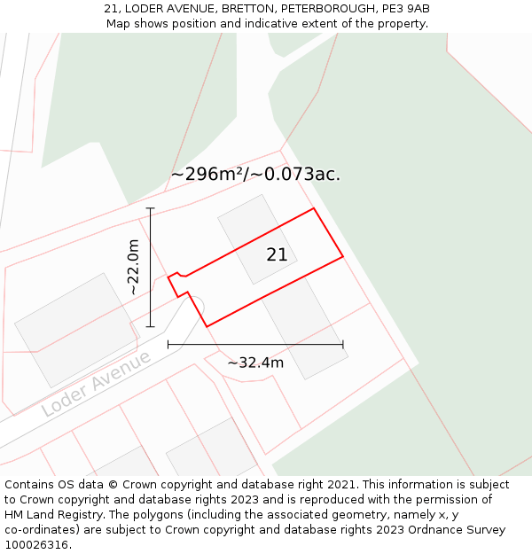 21, LODER AVENUE, BRETTON, PETERBOROUGH, PE3 9AB: Plot and title map
