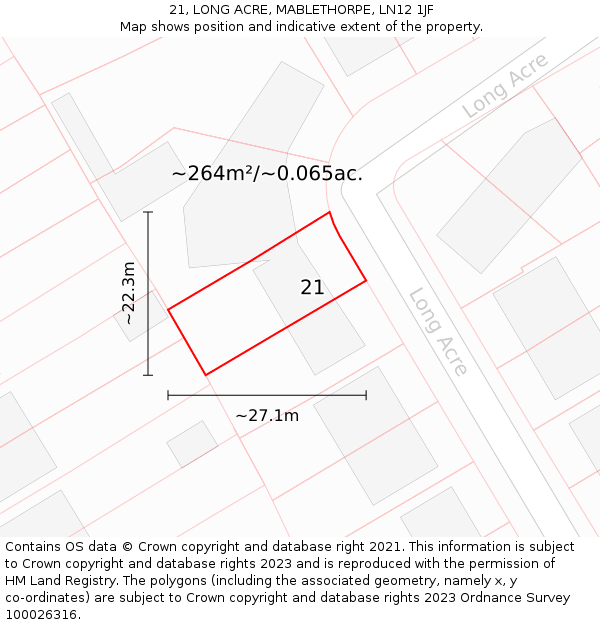 21, LONG ACRE, MABLETHORPE, LN12 1JF: Plot and title map