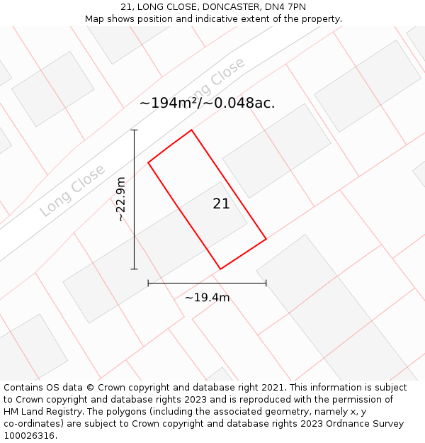 21, LONG CLOSE, DONCASTER, DN4 7PN: Plot and title map