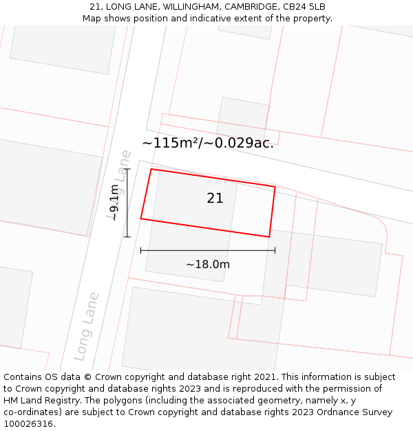 21, LONG LANE, WILLINGHAM, CAMBRIDGE, CB24 5LB: Plot and title map