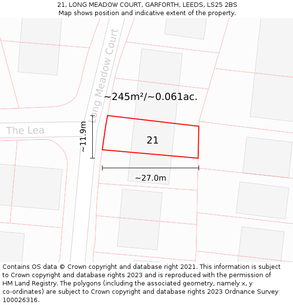 21, LONG MEADOW COURT, GARFORTH, LEEDS, LS25 2BS: Plot and title map