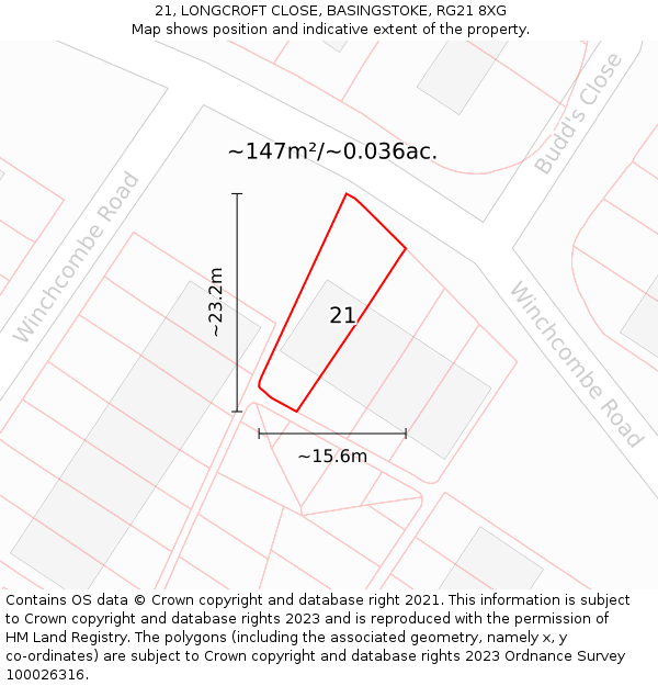 21, LONGCROFT CLOSE, BASINGSTOKE, RG21 8XG: Plot and title map