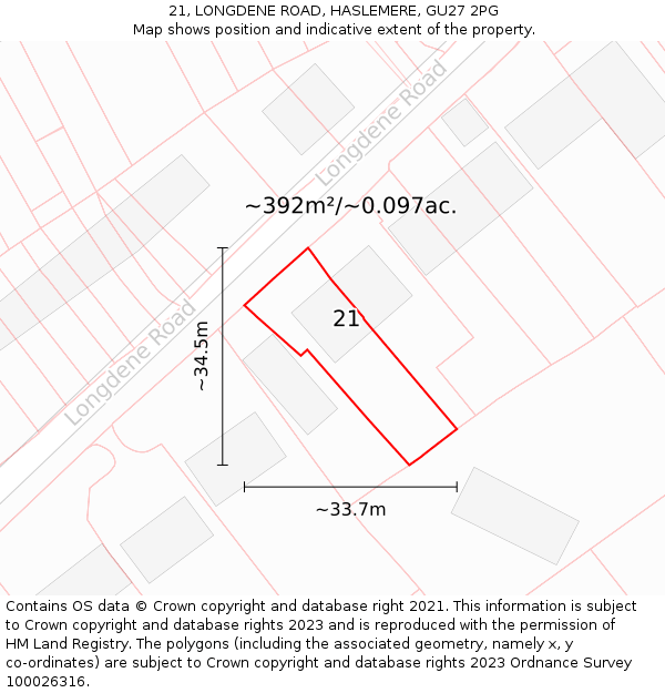 21, LONGDENE ROAD, HASLEMERE, GU27 2PG: Plot and title map
