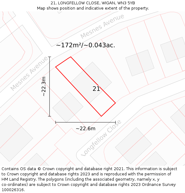 21, LONGFELLOW CLOSE, WIGAN, WN3 5YB: Plot and title map