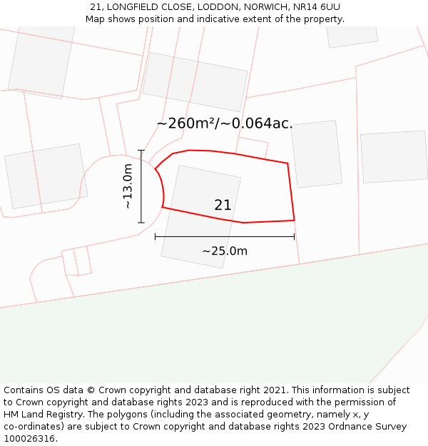 21, LONGFIELD CLOSE, LODDON, NORWICH, NR14 6UU: Plot and title map