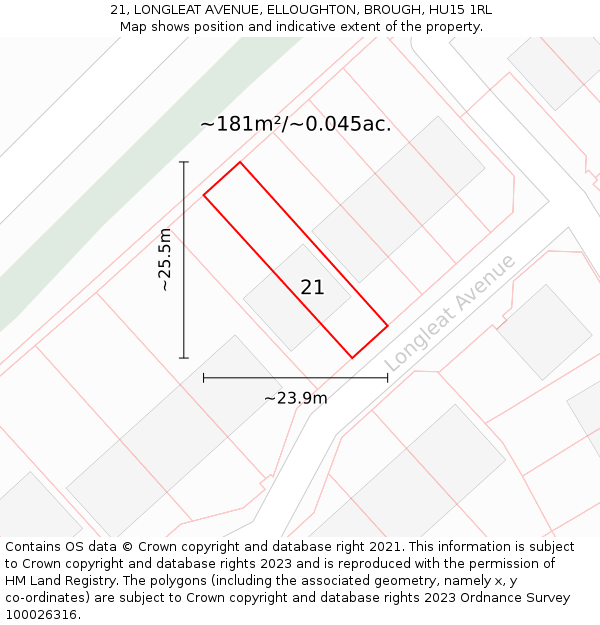 21, LONGLEAT AVENUE, ELLOUGHTON, BROUGH, HU15 1RL: Plot and title map