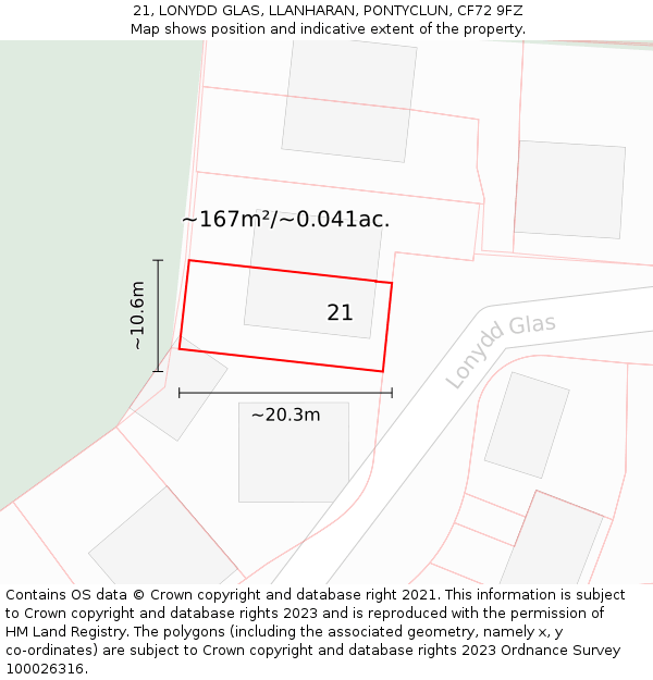 21, LONYDD GLAS, LLANHARAN, PONTYCLUN, CF72 9FZ: Plot and title map