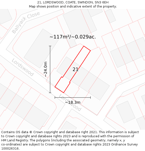 21, LORDSWOOD, COATE, SWINDON, SN3 6EH: Plot and title map