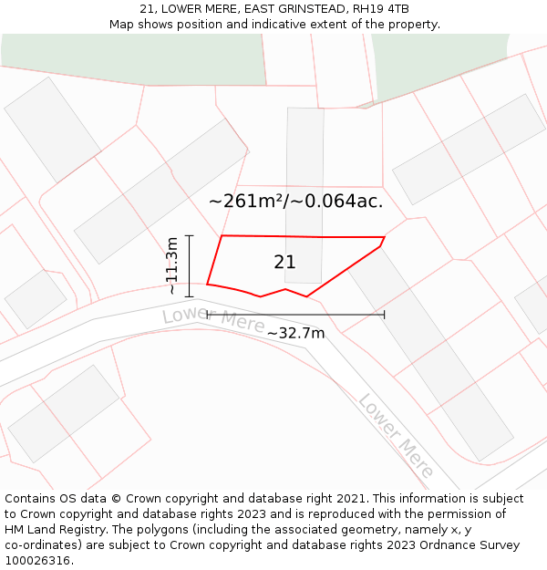 21, LOWER MERE, EAST GRINSTEAD, RH19 4TB: Plot and title map