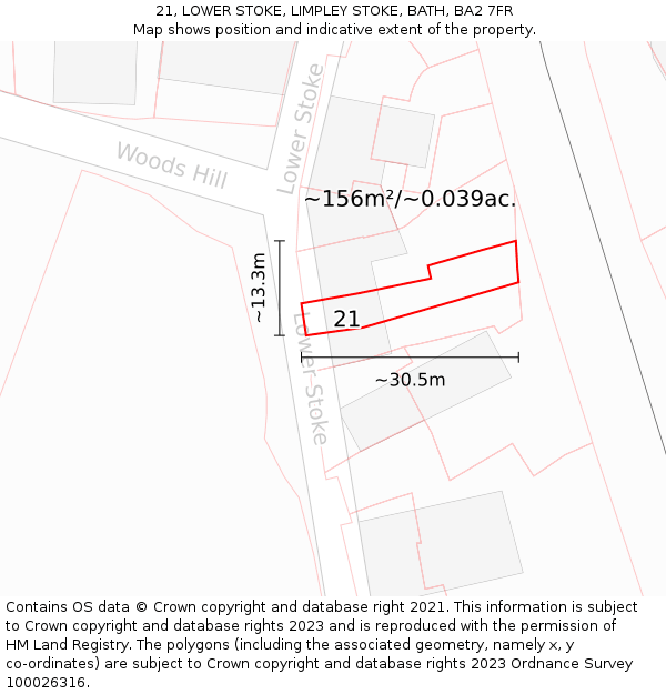 21, LOWER STOKE, LIMPLEY STOKE, BATH, BA2 7FR: Plot and title map