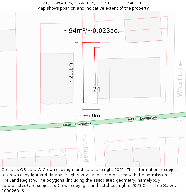 21, LOWGATES, STAVELEY, CHESTERFIELD, S43 3TT: Plot and title map