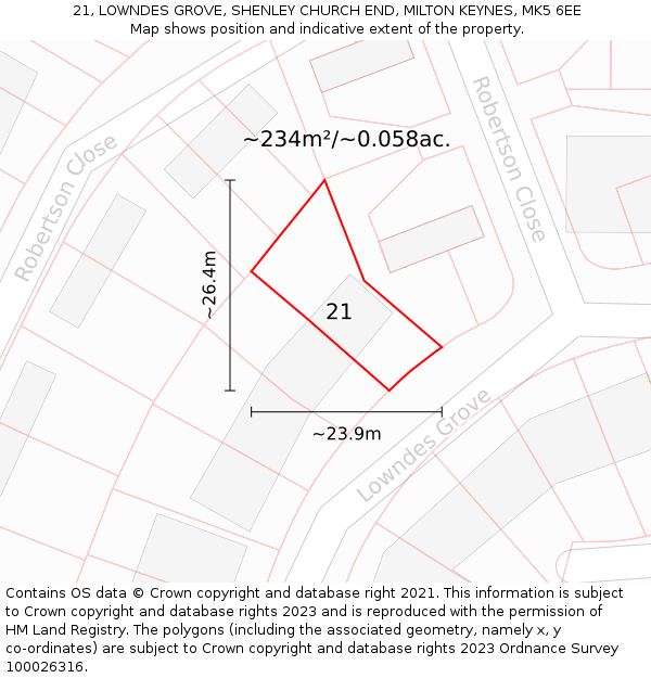 21, LOWNDES GROVE, SHENLEY CHURCH END, MILTON KEYNES, MK5 6EE: Plot and title map