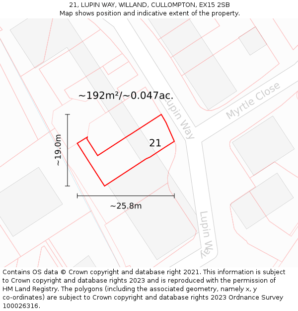 21, LUPIN WAY, WILLAND, CULLOMPTON, EX15 2SB: Plot and title map