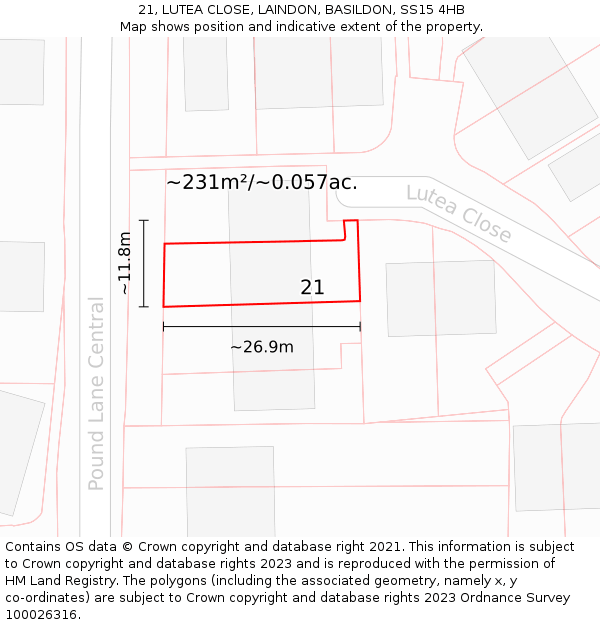 21, LUTEA CLOSE, LAINDON, BASILDON, SS15 4HB: Plot and title map