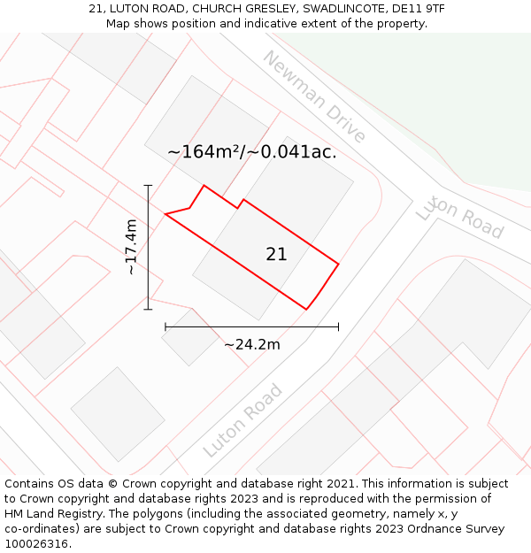 21, LUTON ROAD, CHURCH GRESLEY, SWADLINCOTE, DE11 9TF: Plot and title map