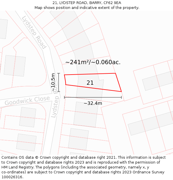 21, LYDSTEP ROAD, BARRY, CF62 9EA: Plot and title map