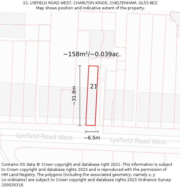 21, LYEFIELD ROAD WEST, CHARLTON KINGS, CHELTENHAM, GL53 8EZ: Plot and title map