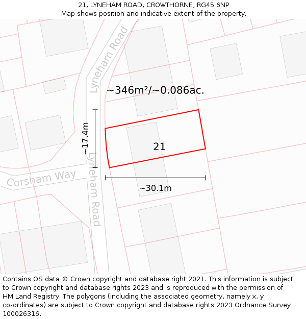 21, LYNEHAM ROAD, CROWTHORNE, RG45 6NP: Plot and title map