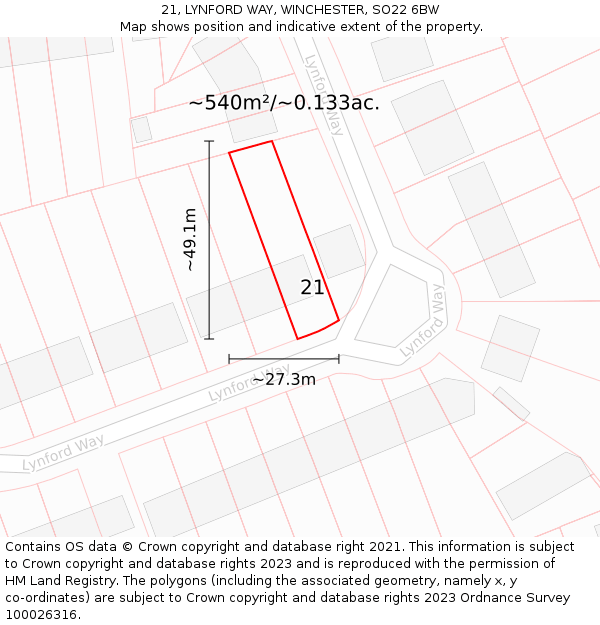 21, LYNFORD WAY, WINCHESTER, SO22 6BW: Plot and title map