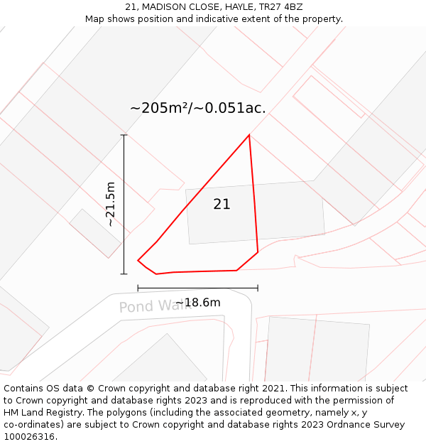 21, MADISON CLOSE, HAYLE, TR27 4BZ: Plot and title map