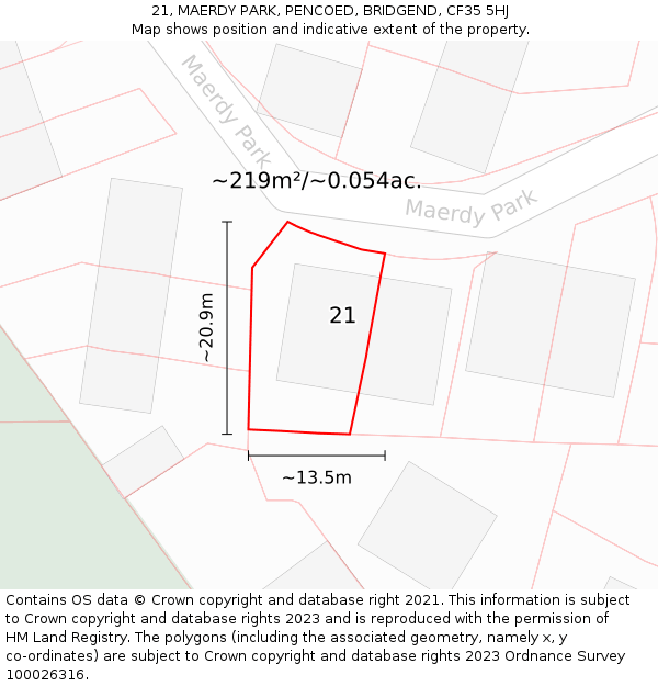 21, MAERDY PARK, PENCOED, BRIDGEND, CF35 5HJ: Plot and title map