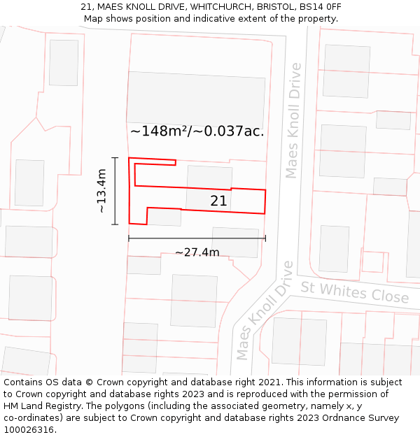 21, MAES KNOLL DRIVE, WHITCHURCH, BRISTOL, BS14 0FF: Plot and title map