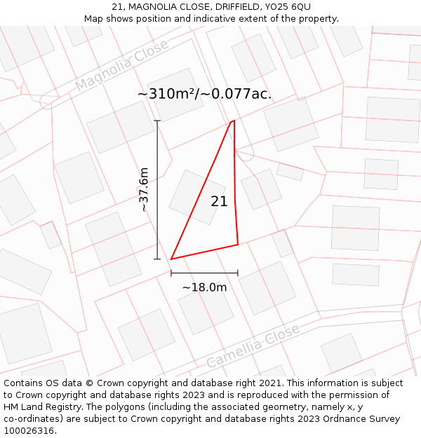 21, MAGNOLIA CLOSE, DRIFFIELD, YO25 6QU: Plot and title map