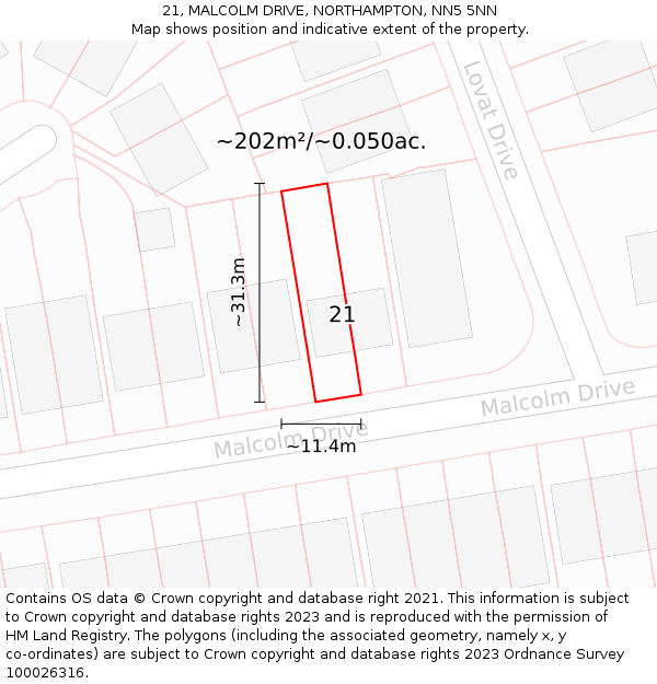 21, MALCOLM DRIVE, NORTHAMPTON, NN5 5NN: Plot and title map