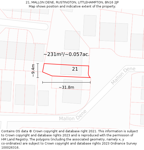 21, MALLON DENE, RUSTINGTON, LITTLEHAMPTON, BN16 2JP: Plot and title map