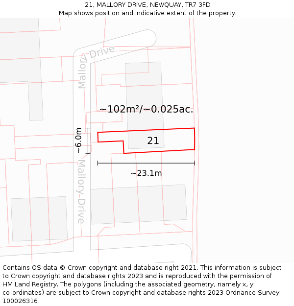 21, MALLORY DRIVE, NEWQUAY, TR7 3FD: Plot and title map