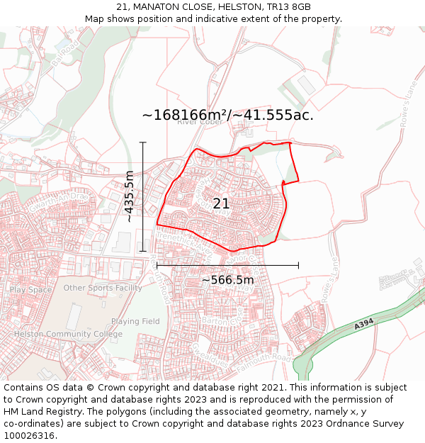 21, MANATON CLOSE, HELSTON, TR13 8GB: Plot and title map