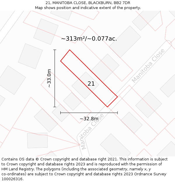 21, MANITOBA CLOSE, BLACKBURN, BB2 7DR: Plot and title map
