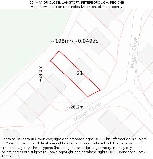 21, MANOR CLOSE, LANGTOFT, PETERBOROUGH, PE6 9NB: Plot and title map