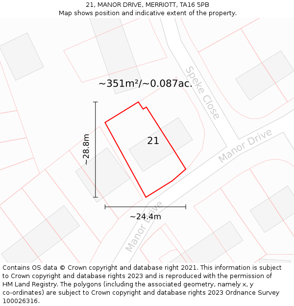 21, MANOR DRIVE, MERRIOTT, TA16 5PB: Plot and title map